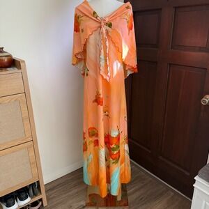 Lee Jordan NY Floral Maxi Dress Built in Shawl 90s Peachy | Est Size Medium